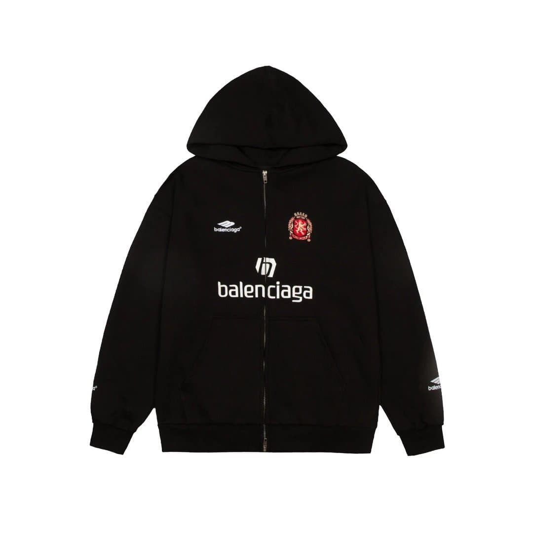 Balenciaga Black Zip-Up Hoodie with Logo and Crest