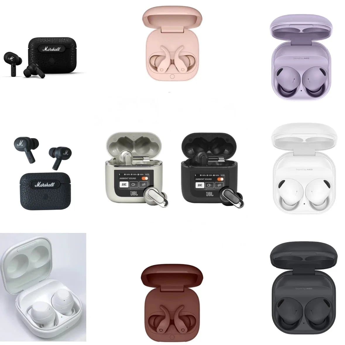 Wireless Earbuds Collection Featuring Marshall, JBL, and AKG Models